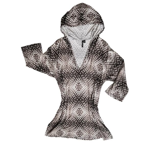 Porto Cruz Swimsuit Cover Up Small Black White Diamond Print Hooded Beach Shirt - Picture 1 of 10
